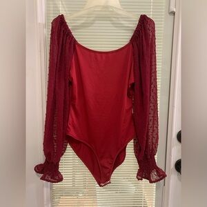Elegant Burgundy Bodysuit with Sheer Sleeves. Ladies Sz med body suit